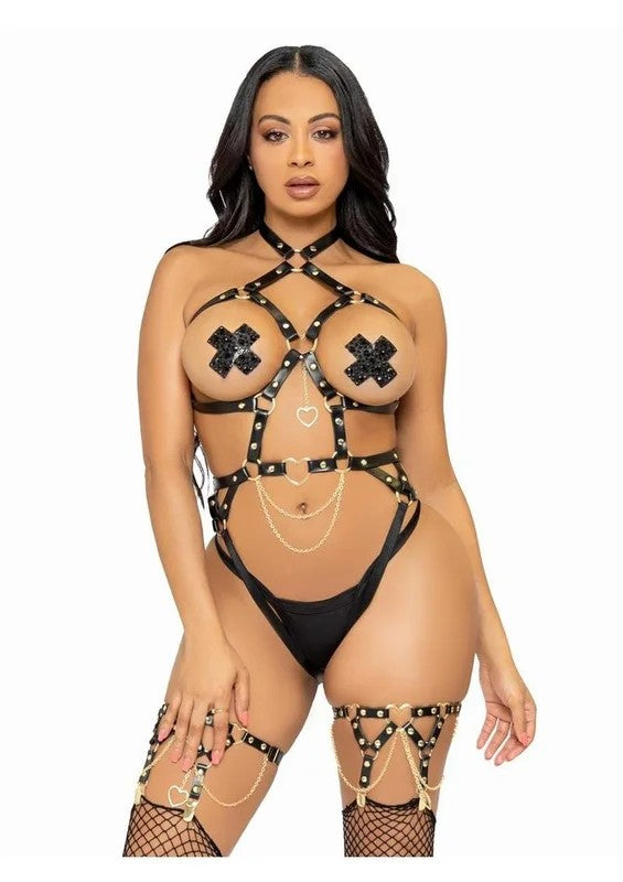 LegAvenueConvertibleVeganLeatherHeartRingStuddedHarnessTeddywithPanty-Straps,andChain