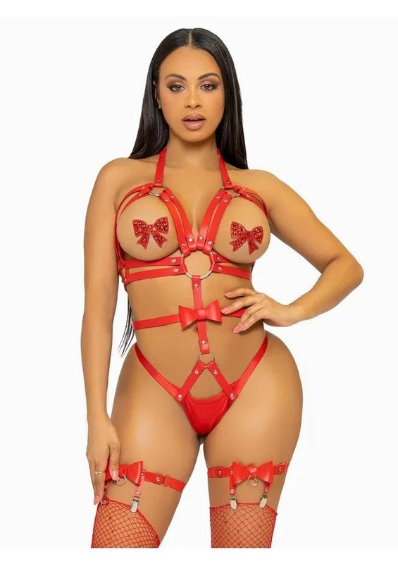 LegAvenueConvertibleVeganLeatherO-RingStuddedHarnessTeddywithPanty,Straps,andBow