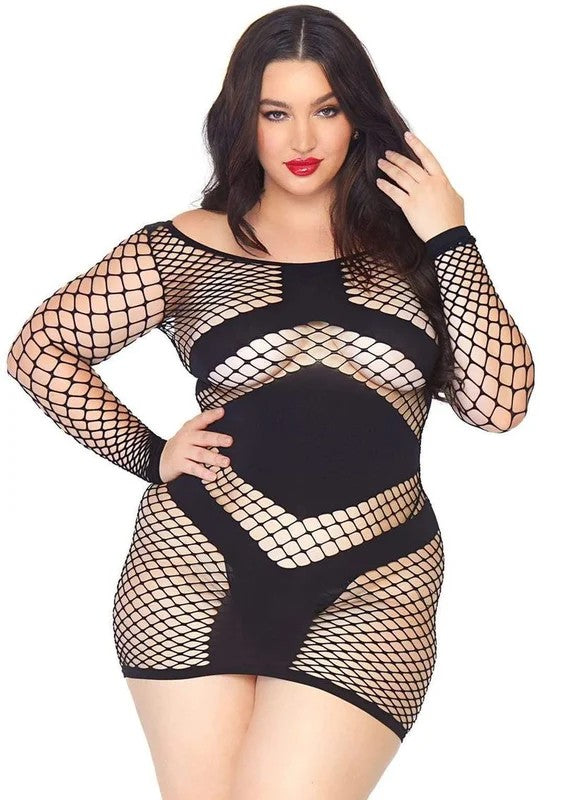 LegAvenueDiamondNetLongSleevedMiniDresswithOpaquePanelAccents