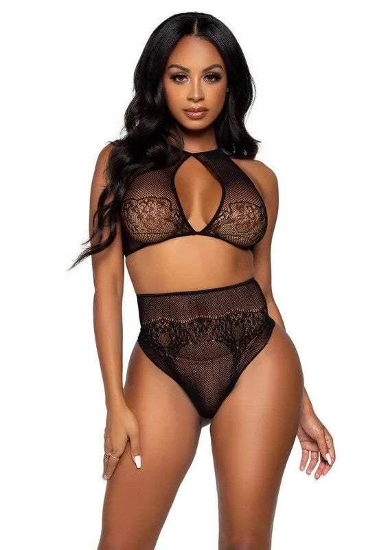 LegAvenueDottedNetKeyholeHalterCropTopwithLaceAccentsandHighWaistThongPanty