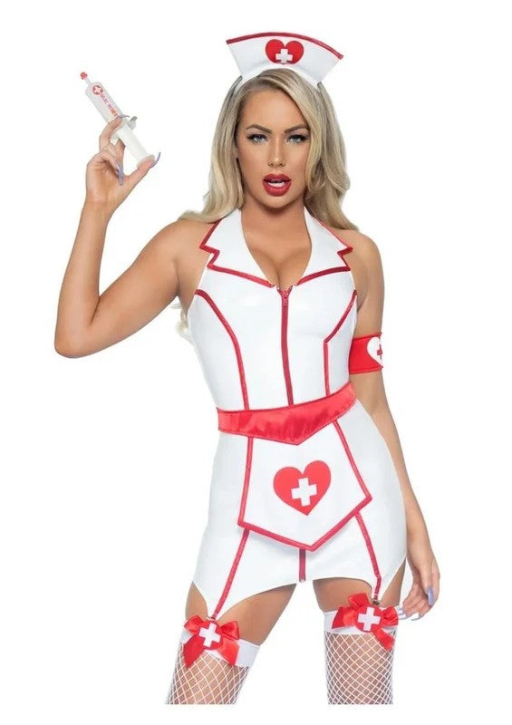 LegAvenueErHottieVinylZipUpGarterDress,HeartApron,ArmBand,andHeadPiece.