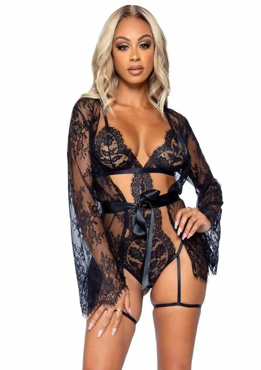 LegAvenueEyelashLaceGarterTeddywithG-StringBackandAdjustableStraps,LaceRobeandRibbonTie