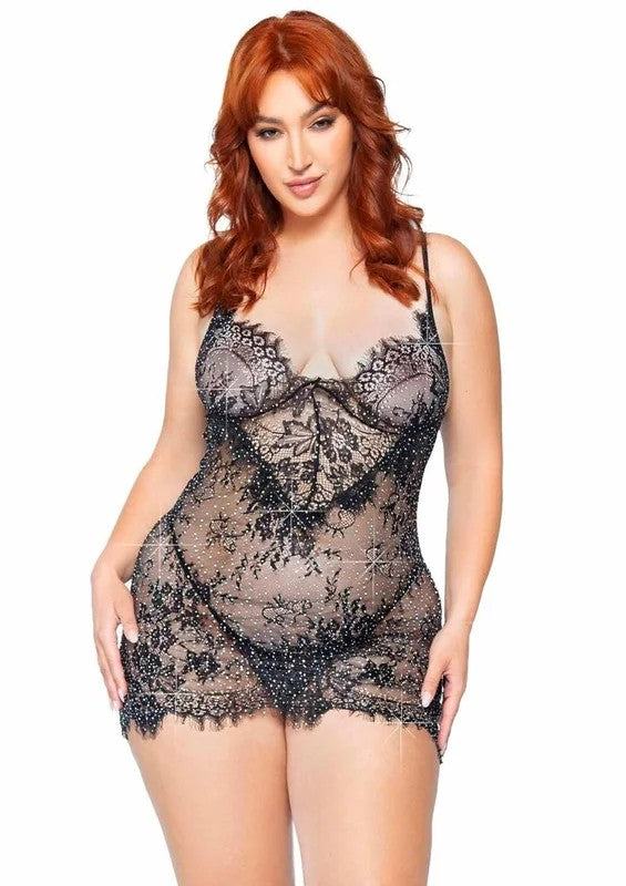 LegAvenueEyelashLaceRhinestoneBacklessMiniDressandG-String