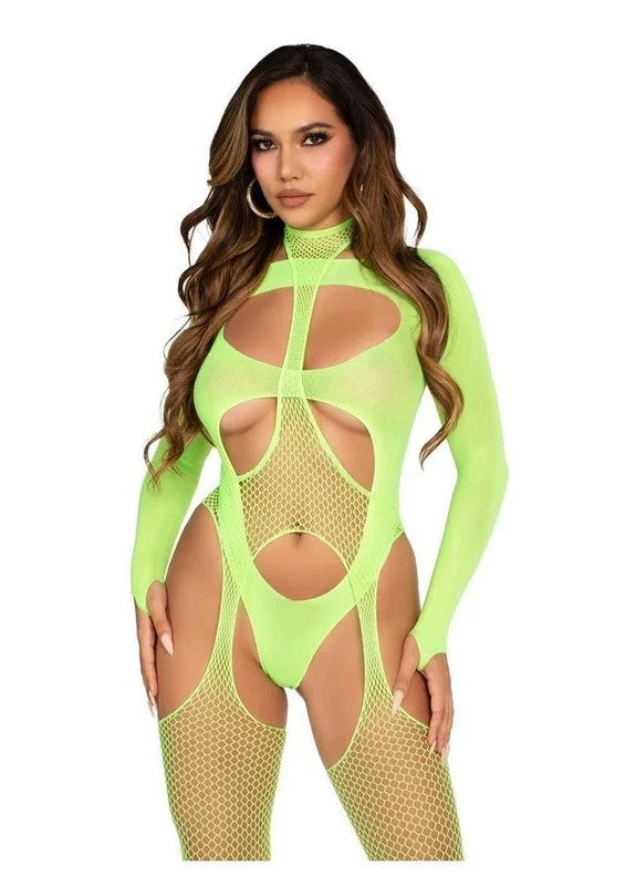 LegAvenueFishnetHalterSuspenderBodystockingandLayeredOpaqueCut-OutTeddy