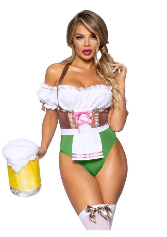 LegAvenueFlirtyFrauleinPeasantTopSnapCrotchBodysuitwithSatinRibbonTrim,AttachedApron,andStockings