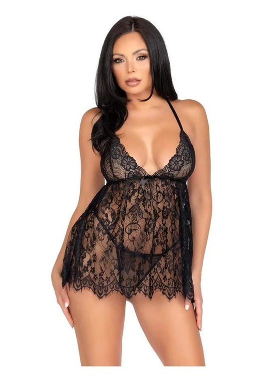 LegAvenueFloralLaceBabydollwithEyelashLaceScallopedHemAdjustableCross-OverStrapsandG-StringPanty