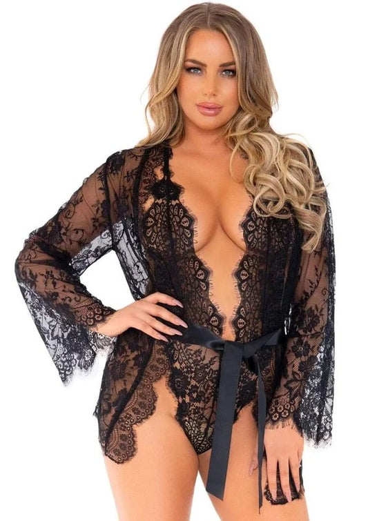 LegAvenueFloralLaceTeddywithAdjustableStrapsandCheekyThongBack,MatchingLaceRobewithScallopedTrimandSatinTie