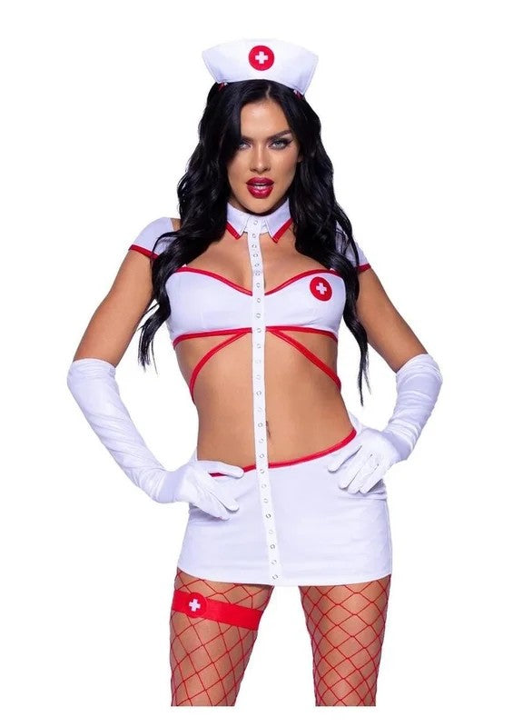LegAvenueHeartstoppingNurseStrappyCut-OutDresswithSnapDetail,Gloves,Headband,andGarter