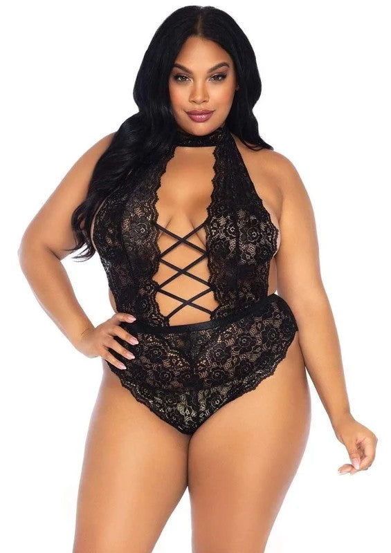 LegAvenueHighNeckFloralLaceBacklessTeddywithLaceUpAccentsandCrotchlessThongPanty