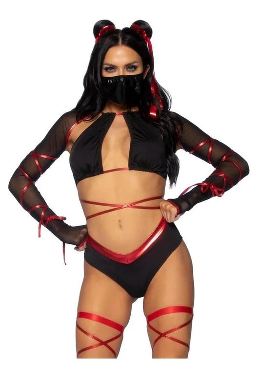 LegAvenueLethalNinjaStrappyWrap-AroundBraTopwithAttachedMeshGlovedShrug,V-CutBottoms,LegWraps,FaceMask,andMatchingHairTies