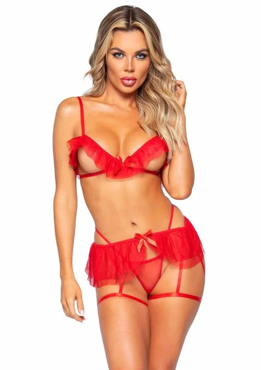 LegAvenueMeshRuffleBra,G-StringandDualStrapGarterBelt