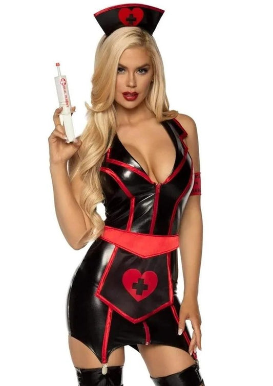 LegAvenueNaughtyNurseZipUpWetLookGarterDress,HeartApron,ArmBand,andHead