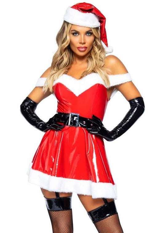LegAvenueNaughtySantaOffTheShoulderVinylDresswithTieBackHalterStraps,BeltandSantaHat