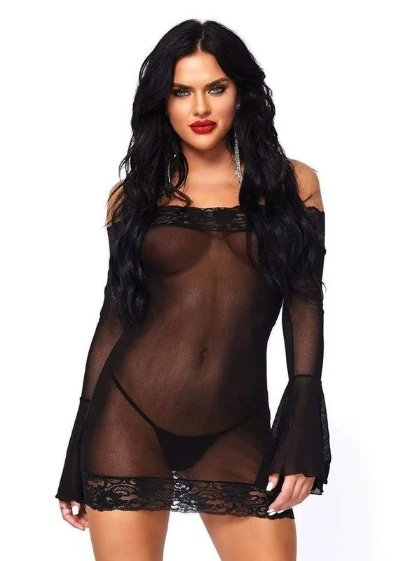 LegAvenueOffTheShoulderLaceTrimmedMeshMiniDresswithLaceBellSleevesandMatchingG-String