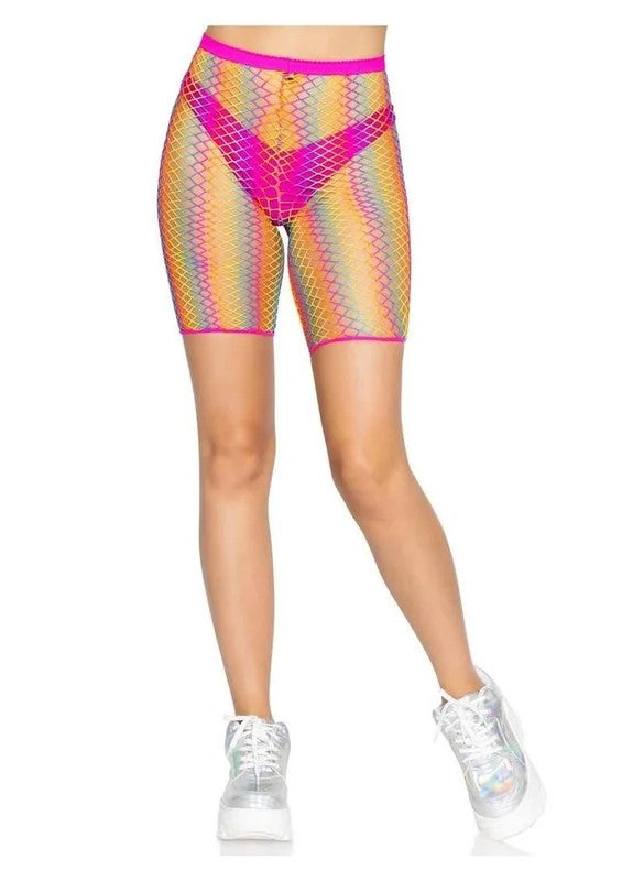 LegAvenueOmbreRainbowWovenNetBikerShorts–Os
