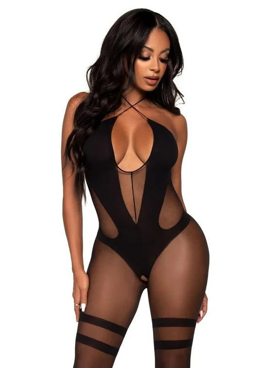 LegAvenueOpaqueandSheerKeyholeTwistHalterBodystocking
