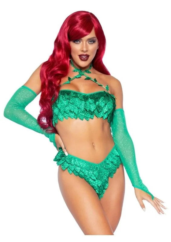 LegAvenuePoisonTemptressLeafyHalterTopwithCorsetLaceUpBack,LeafyPanty,andSleeves