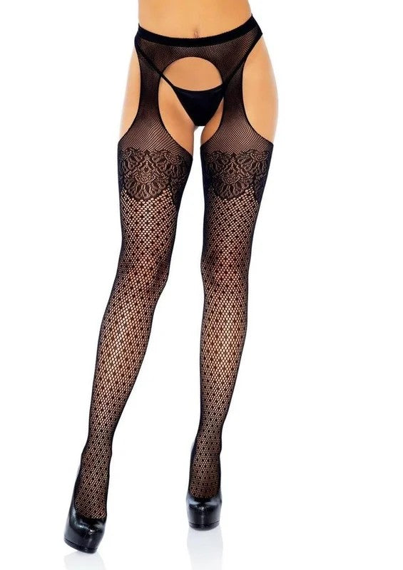 LegAvenuePolkaDotFishnetSuspenderHosewithLaceTopandCubanHeel