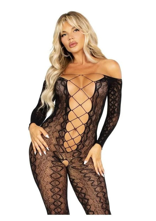 LegAvenuePythonNetCrotchlessFootlessLingerieJumpsuitwithFauxLaceUpDetail