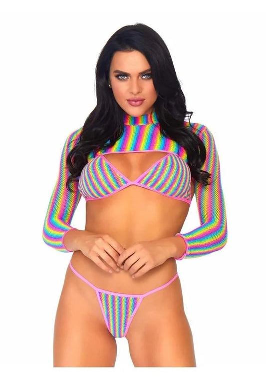 LegAvenueRainbowFishnetBikiniTop,G-String,andLongSleevedCropTop