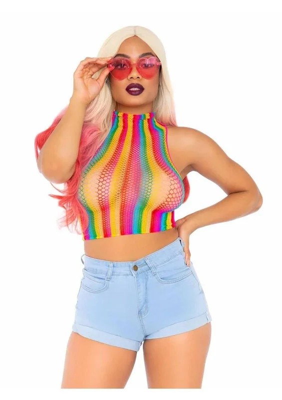LegAvenueRainbowNetHighNeckCropTop
