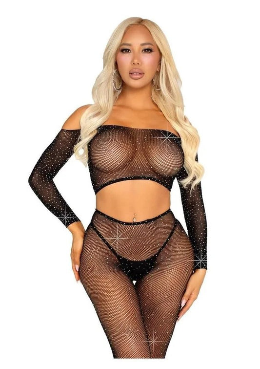 LegAvenueRhinestoneFishnetCropTopandFootlessTights