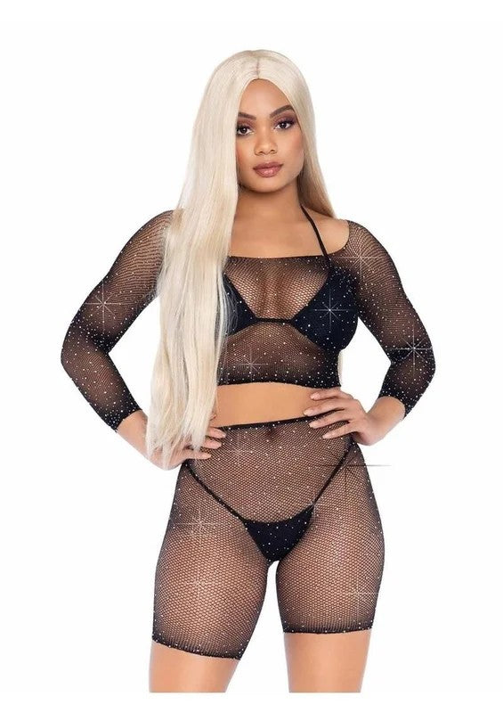 LegAvenueRhinestoneFishnetLongSleeveCropTopandBikerShorts