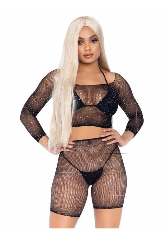 LegAvenueRhinestoneFishnetLongSleeveCropTopandBikerShorts