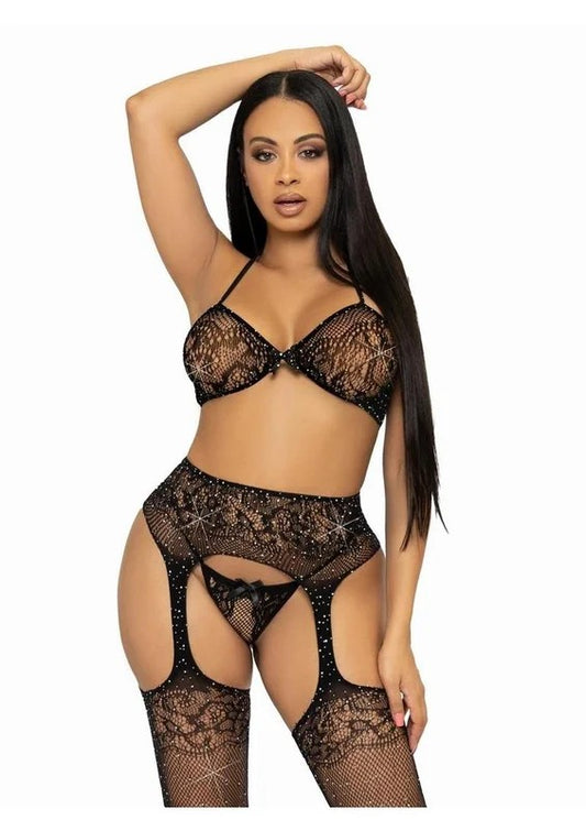 LegAvenueRhinestoneLaceBraTop,G-String,andFishnetGarterBeltStocking
