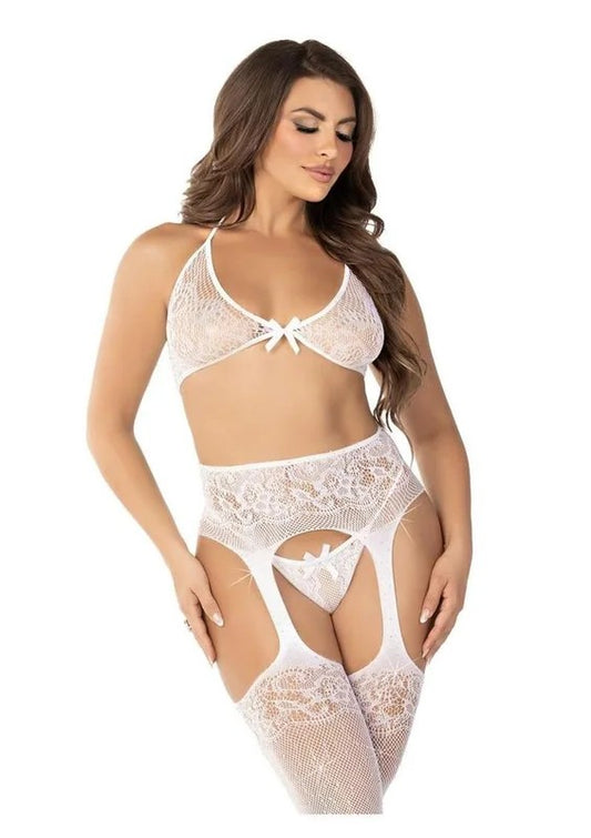 LegAvenueRhinestoneLaceBraTopG-StringandFishnetGarterBeltStockings
