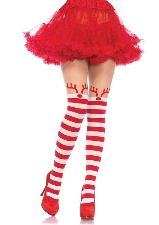 LegAvenueRudolphReindeerOpaqueStripedPantyhosewithSheerThighHigh