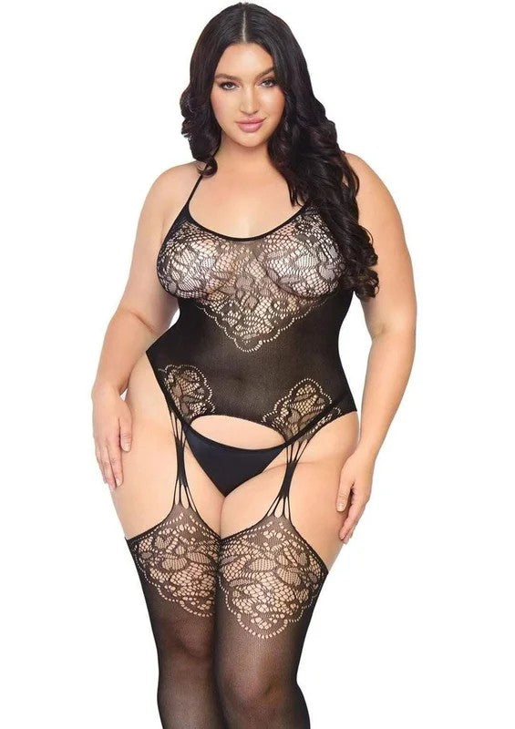 LegAvenueSeamlessJacquardLaceSuspenderBodystocking