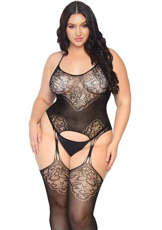 LegAvenueSeamlessJacquardLaceSuspenderBodystocking