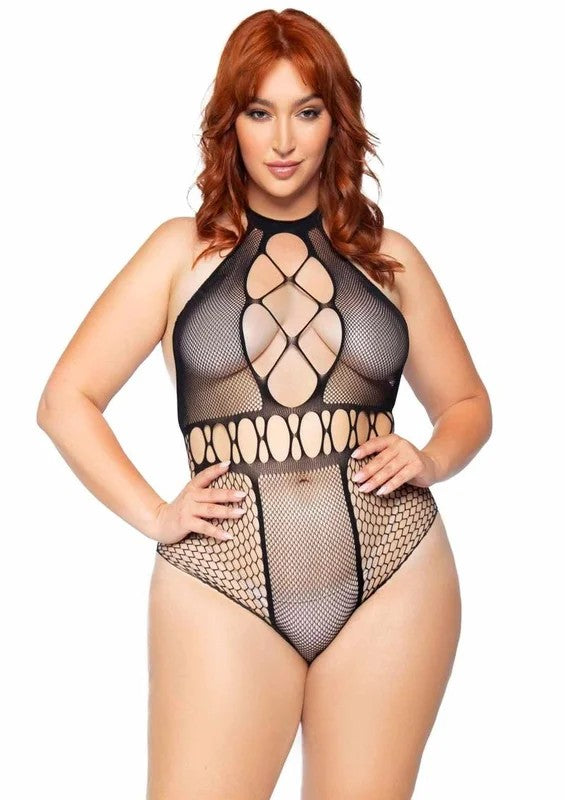 LegAvenueSeamlessMultiNetBodysuitwithT-StrapHalterandCheekyCutBottom