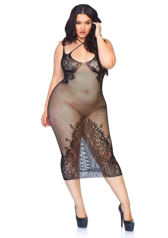 LegAvenueSeamlessNetandLaceDualStrapHalterDresswithFauxLaceUpBack