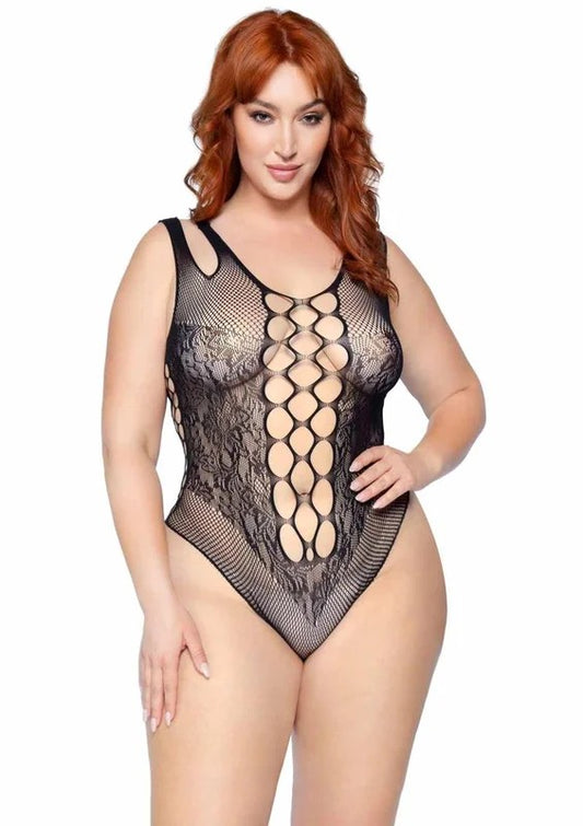 LegAvenueSeamlessNetLaceBodysuitwithDualShoulderStrapsandCheekyCutBottom