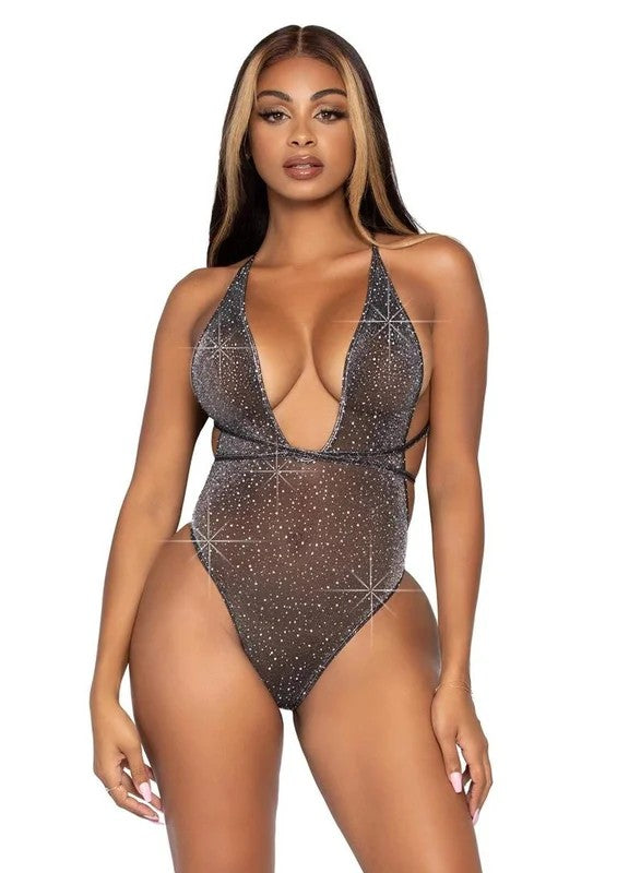 LegAvenueShimmerSheerLurexRhinestoneBodysuitwithThongBackandConvertibleWrap-AroundStraps