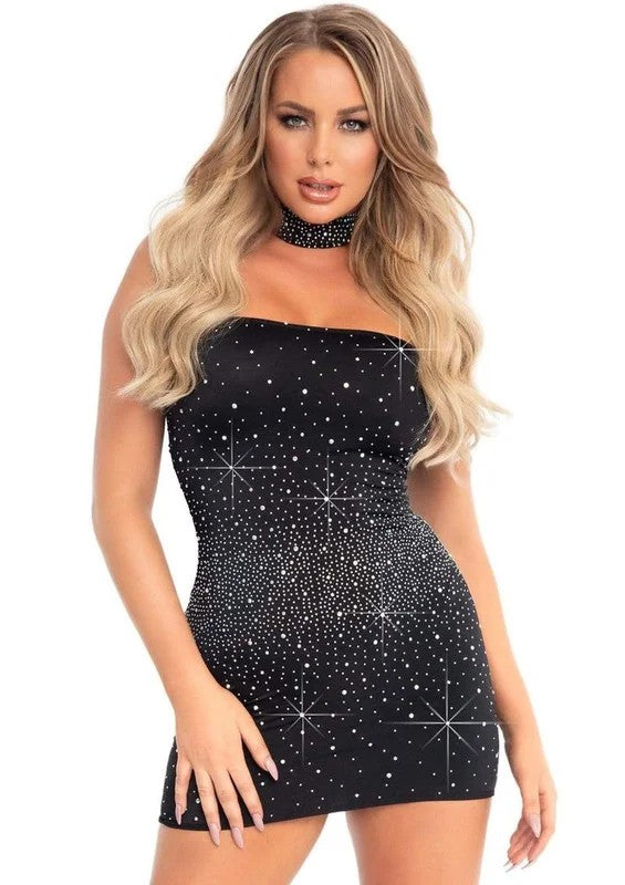 LegAvenueSpandexOpaqueRhinestoneTubeDressandMatchingChoker