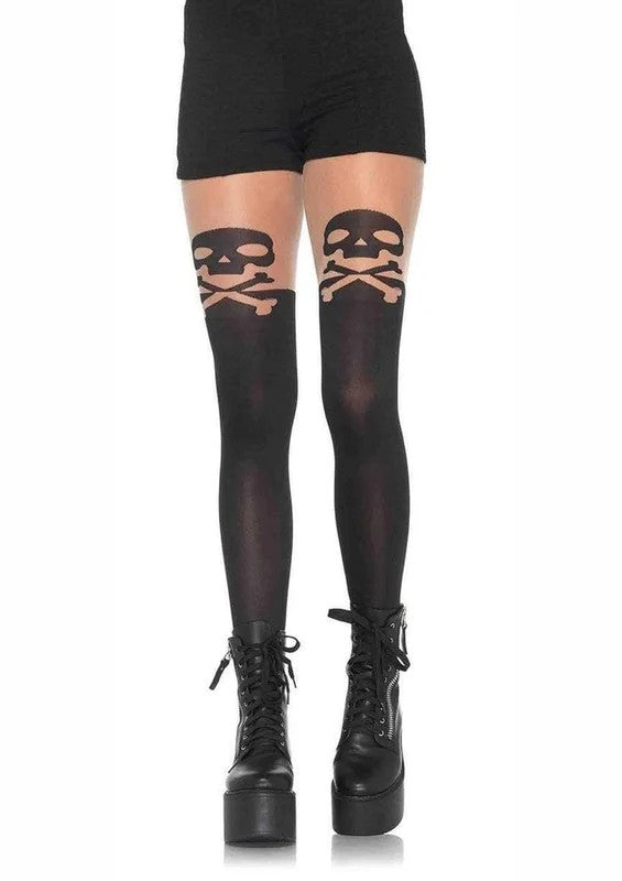 LegAvenueSpandexSkullandCrossbonePantyhosewithSheerThighAccent