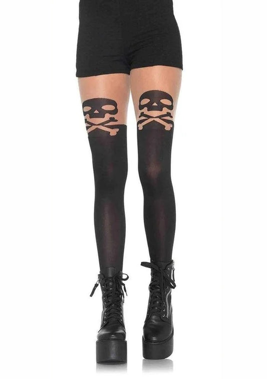 LegAvenueSpandexSkullandCrossbonePantyhosewithSheerThighAccent