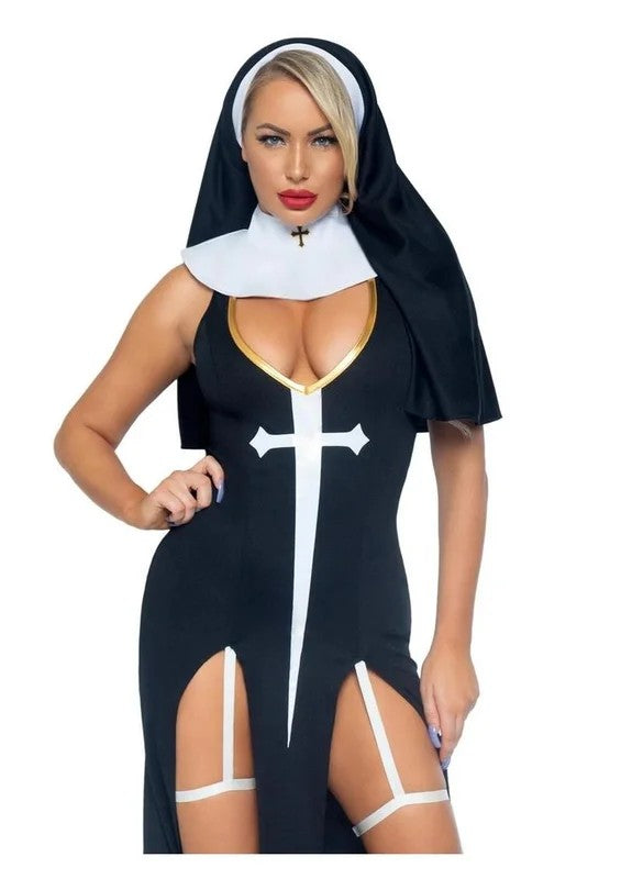 LegAvenueSultrySinnerDualSlitGarterDresswithVinylCrossDetail,VinylCollar,andNunHabit