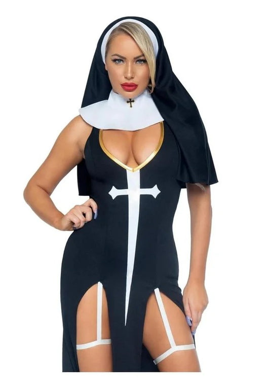 LegAvenueSultrySinnerDualSlitGarterDresswithVinylCrossDetail,VinylCollar,andNunHabit