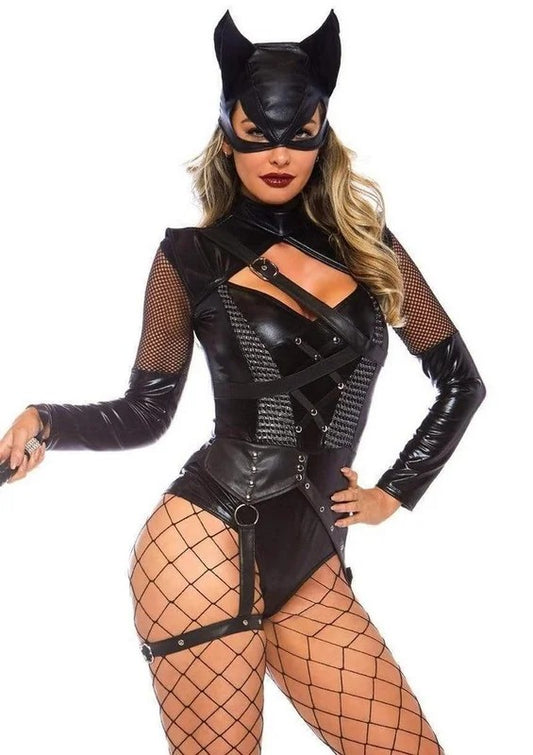 LegAvenueVillainessVixenspandexStrappyBodysuitwithO-RingAttachedGarterandMatchingHoodedMask