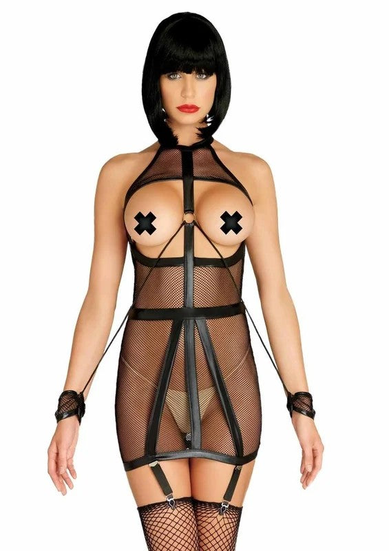 LegAvenueWetLookFishnetOpenCupBondageGarterDresswithO-RingAttachedRestraintCuffs