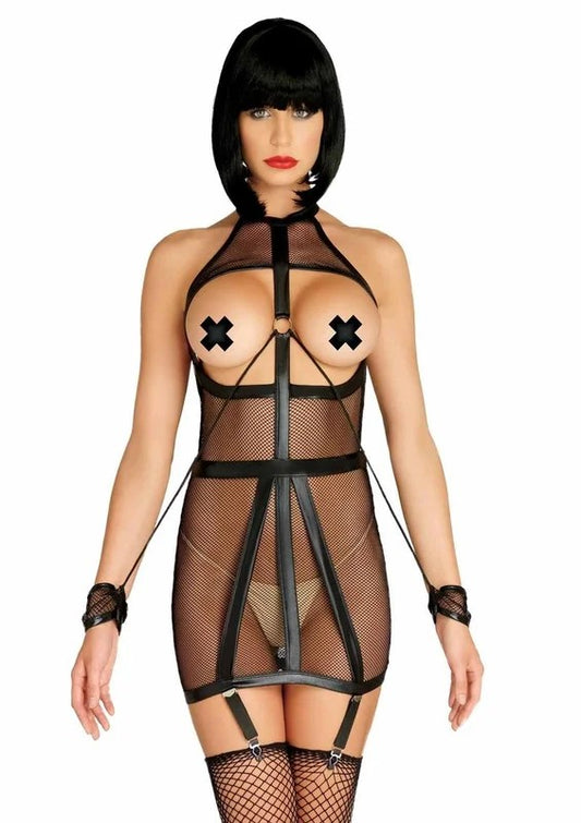 LegAvenueWetLookFishnetOpenCupBondageGarterDresswithO-RingAttachedRestraintCuffs