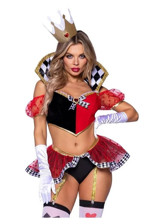 LegAvenueWickedWonderlandQueenTow-ToneBonedCropTopwithStayUpCollarandBroachAccent,GarterPantywithPeplumSkirt,andCrownHeadband