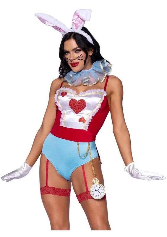LegAvenueWonderlandWhiteRabbitSnapCrotchGarterBodysuitwithGlitterHeartDetailandAttachedPocketWatch,NeckRuffle,BunnyEarHeadband,andPin-OnBunnyTail