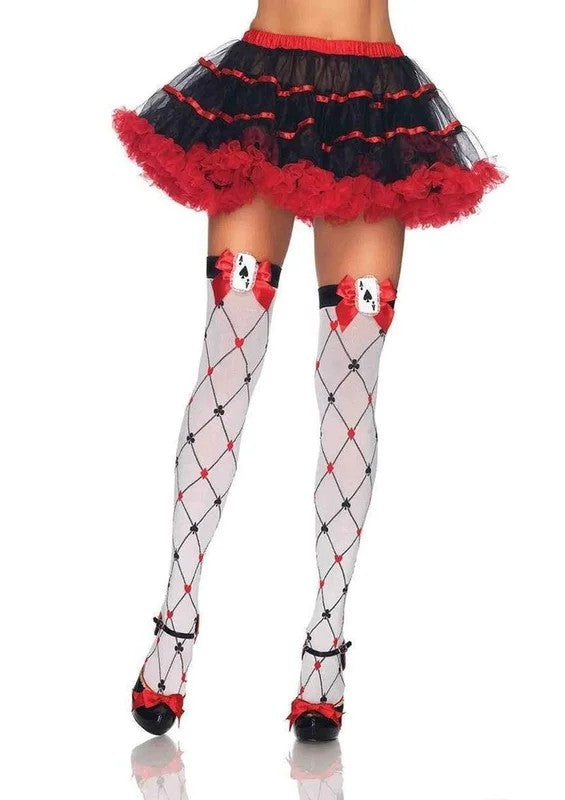 LegAvenueWovenDiamondCardSuitThighHighwithBowandCardCharm