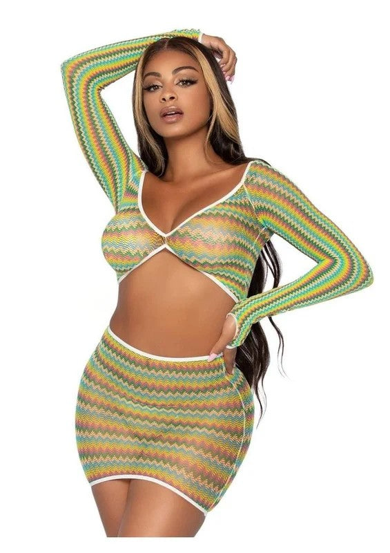 LegAvenueZigZagNetGauntletSleeveCropTopandMiniSkirt