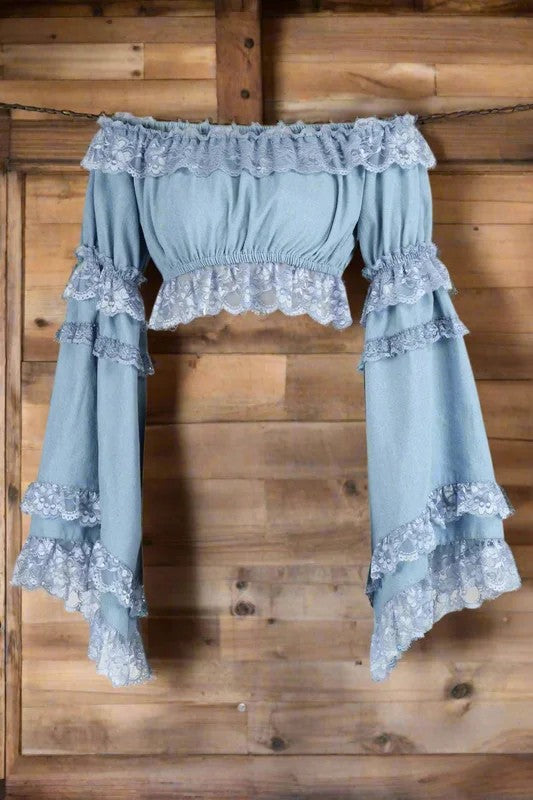 LightDenimColorSmockedFlareSleevePeasantTop